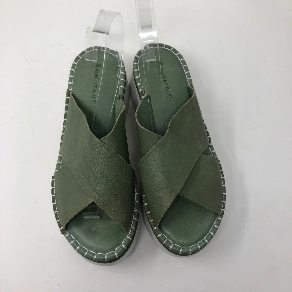 Chocolat Blu Magic Platform Sandal Women 40 US 9 Green Leather Whipstitch Slide
